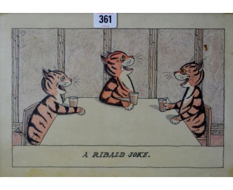 LOUIS WILLIAM WAIN (1860-1939) "A RIBALD JOKE" 8" X 12" EBONISED FRAMED INK AND WATER COLOUR, SIGNED LOWER LEFT
