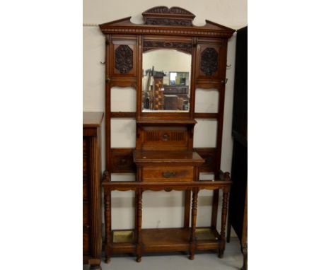 45" VICTORIAN OAK HALL STAND WITH STICK TRAYS &amp; SINGLE GLOVE DRAWER