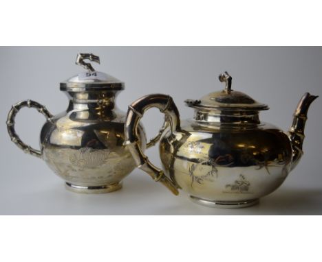 FINE 2 PIECE CHINESE EXPORT SILVER TEA SERVICE WITH BAMBOO DESIGN HANDLES &amp; FINIALS &amp; DECORATED WITH CARP FISH &amp; 