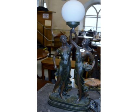 33" DOUBLE FIGURINE LAMP WITH GLASS DOME SHADE