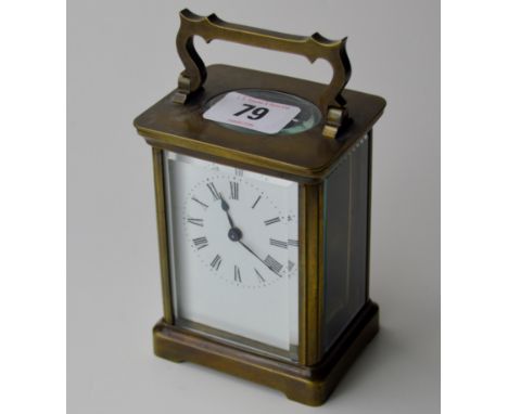 5&frac12;" HEAVY BRASS CARRIAGE CLOCK WITH WHITE ENAMEL FACE &amp; BLACK ROMAN NUMERAL HOUR MARKERS WITH KEY