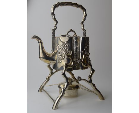 FINE CHINESE EXPORT SILVER SPIRIT KETTLE ON STAND&nbsp;WITH BURNER, WITH THE SUPPORTS, HANDLE &amp; FINIAL&nbsp;FORMED AS BRA