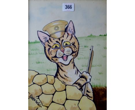 LOUIS WILLIAM WAIN (1860-1939) "THE SOLDIER CAT IN THE TRENCHES", 9" X 12&frac14;" FRAMED INK &amp; WATER COLOUR, SIGNED LOWE