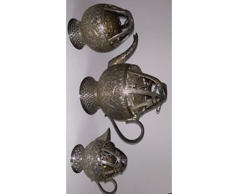 FINE KASHMIR SILVER TEA SERVICE CIRCA 1880. 7" TEAPOT HAS HINGED LID WITH A BASKET WEAVE TOP COVERING A COILED SNAKE. SUGAR A