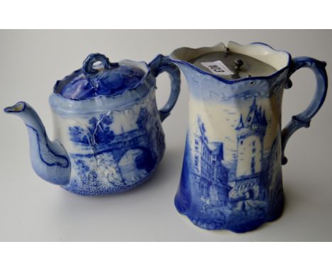 2 PIECE VICTORIAN ANGLO DELFT BLUE &amp; WHITE TEA SERVICE COMPRISING LIDDED TEA POT &amp; PEWTER LIDDED WATER JUG