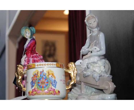 PARAGON GVI MARRIAGE TWIN HANDLED CUP
along with an early Royal Doulton lady figure 'Priscilla' (damaged) and a Lladro figure