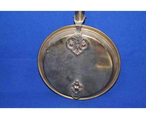 GOOD LOT OF COPPER AND BRASS WARE
including bed warmer, jelly pan, ewer, lamp, also an oval mirror 
