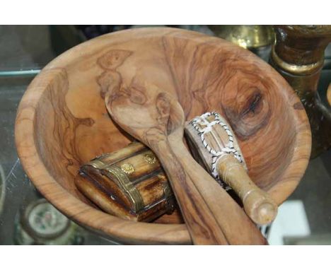 OLIVE WOOD ASHTRAY, BOWL AND SERVERS
along with an Eastern brass lamp section, a brass mounted box and a novelty hand held dr
