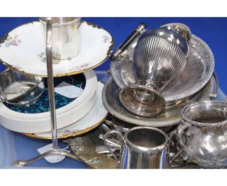 LOT OF SILVER PLATED AND BRASS WARE 
including basket, sucrier, spoons, brass tray, cake stand and a Carlton Ware ashtray 