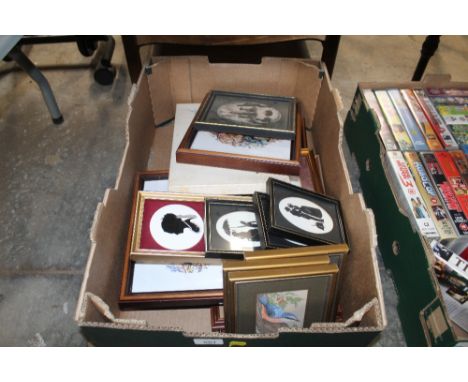 A box containing Cashs woven pictures; a boxed set of dishes decorated with hunting scenes; framed and glazed porcelain panel
