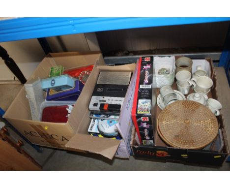 Three boxes of various sundry items to include tape recorder, Royal Doulton 'Florinda' tea ware etc.