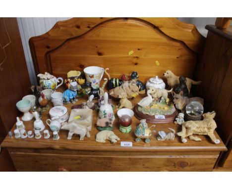 An Onyx ashtray, snow globe, various ornaments, Duchess Meadows mug, thimbles etc.