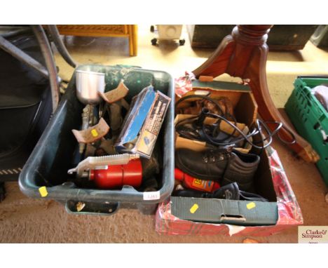 Two tool boxes and contents of various tools to include air spray guns; a pair of axel stands; a Draper soldering gun kit; si