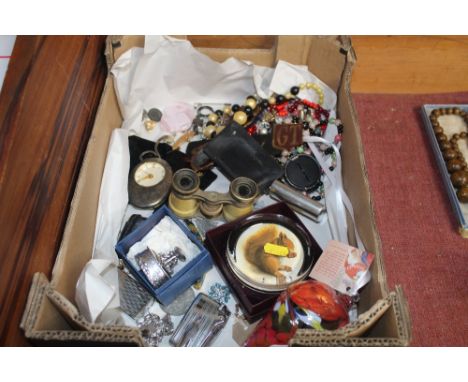 A box containing hip flask, a quantity of costume jewellery, paper weights etc