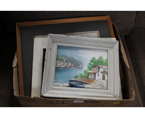 An M Reig oil on canvas depicting a river scene, a box containing various abstract portraits, watercolours etc