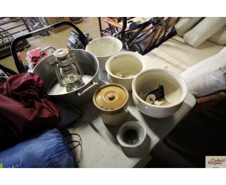 Three ceramic bed pans; an aluminium jam pan and a glass vase; paraffin light; three door nobs; stoneware jar with lid