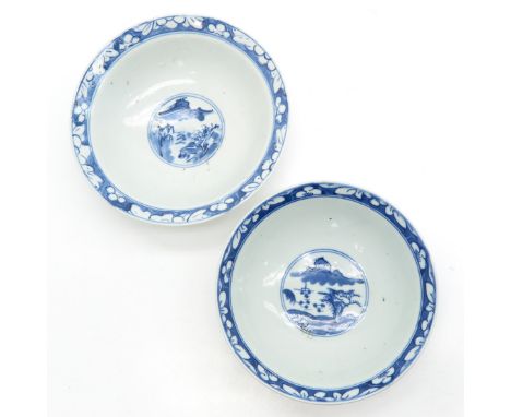 Blue and white landscape decor in center with outside of bowl depicting Chinese ladies, marked on bottom with double ring, 18