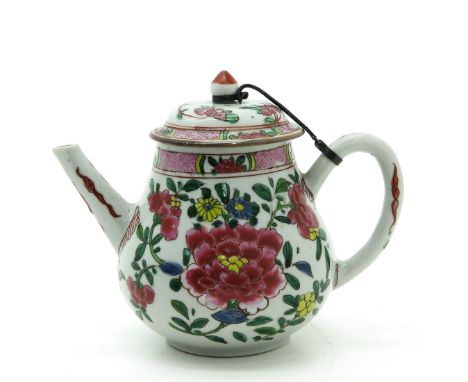 Famille Rose decor, 13 cm. tall, restored hairline and small enamel missing.