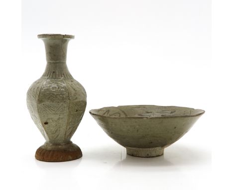 Light green glaze, vase is 16 cm. tall, chip and hairline.