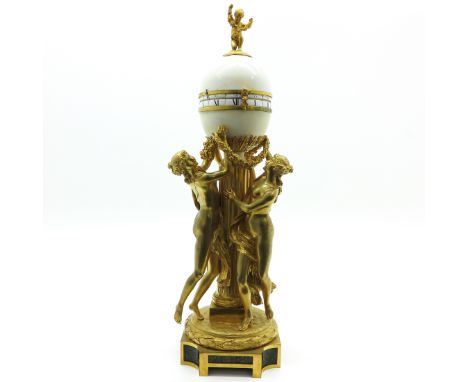 A beautiful example in quality and also rare in size, depicting gold gilt 3 Graces holding the rotating enamel cartouches of 