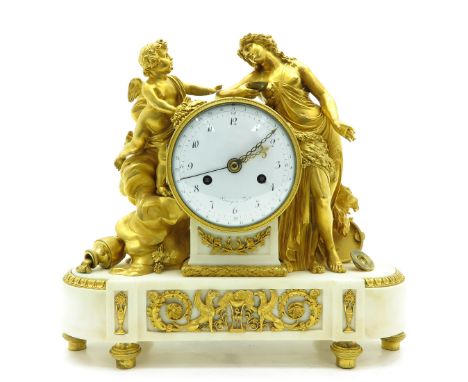 Depicting gold gilt putti and lady leading on movement on white marble base.  You may find a similar example of this clock in