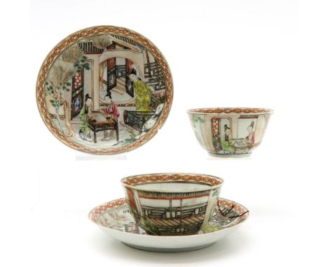 Mandarin, depicting laides seated at table, saucers are 12 cm. in diameter, some restored.