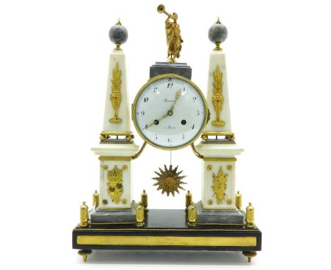 Signed Rouviere a Paris, black and grey marble with many gold gilt figures, ornaments, and plaques, flanked by 2 obelisk.  Yo
