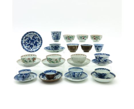 Diverse lot of cups and saucers, largest is 13 cm. in diameter, in diverse conditions.