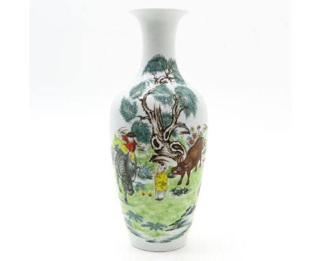 Polychrome decor with Chinese children and animals, portrait on back with chinese text, marked on bottom with Chinese writing