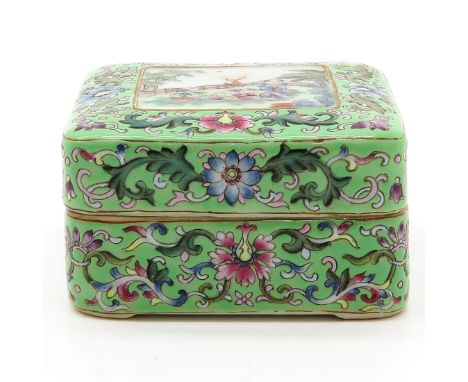 Light green background with Famille Rose enamels, marked on bottom with seal mark, 8 x 4 x 8 cm.