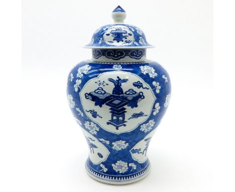 Blue and white decor of censers and flowers, marked with double ring, 48 cm. tall, hairline.