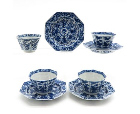 Kangxi, octagonal shape, blue and white floral decor, saucers are 14 cm. in diameter, in diverse conditions.