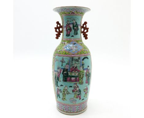 Light blue background with Famille Rose enamels, depicting gathering of Chinese men, 57 cm. tall, chip.