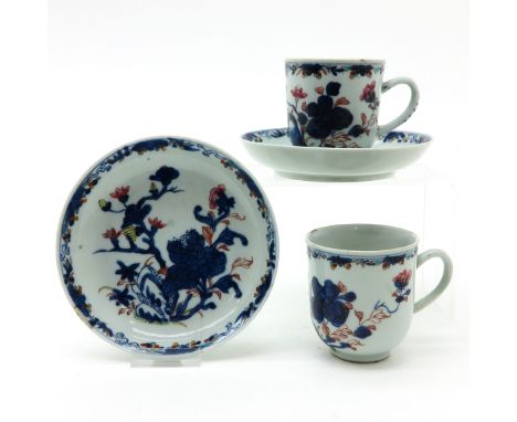 Imari decor, saucers are 14 cm. in diameter, some with chip and hairline.