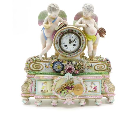 Depicting angels in porcelain, back of clock is restored, 47 cm. tall.