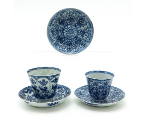 Including 2 cups and 3 saucers, blue and white decor, including 18th Century, largest saucer is 13 cm. in diameter, some with