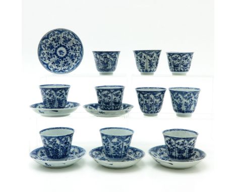 18th Century, including 10 cups and 6 saucers, blue and white floral decor, saucers are 14 cm. in diameter, some with chip an