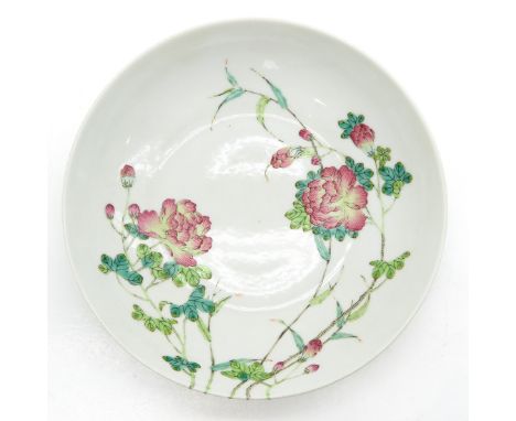 Famille Rose enamels, blind mark with double ring and 6 characters on back, 19 cm. in diameter.