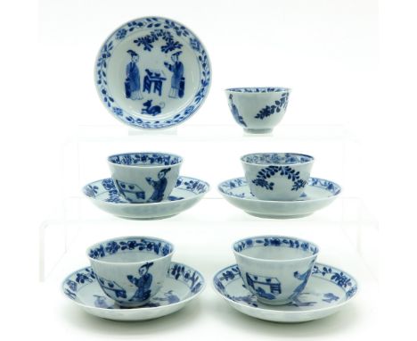 18th Century, blue and white decor depicting Chinese ladies at table, saucers are 10 cm. in diameter, in diverse conditions.