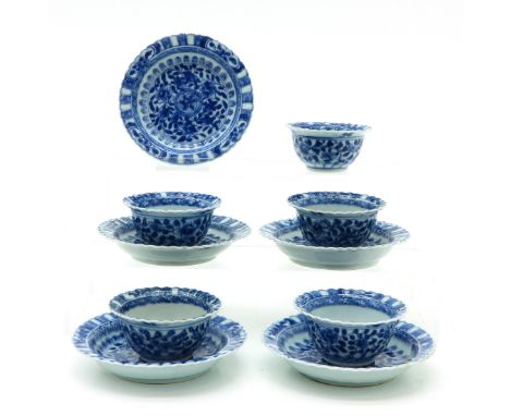 Blue and white decor, saucers are 11 cm. in diameter, some with chip and hairline.
