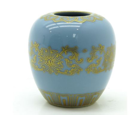 Light blue background with gold floral decor, marked on bottom with seal mark, 6 cm. tall.