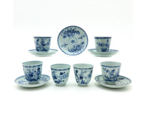 Including 5 saucers and 6 cups, blue and white floral decor, saucers are 13 cm. in diameter, some with chip and hairline.