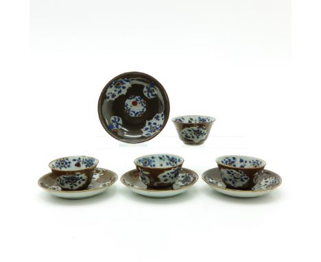 18th Cenutry, cappuccino decor, saucers are 11 cm. in diameter, some with hairline.