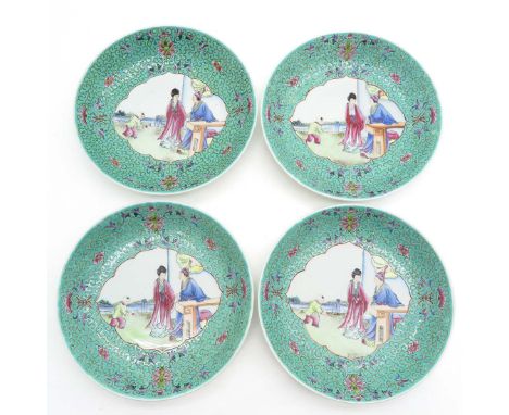 Light green background with Famille Rose enamels, depicting Chinese figures, marked on bottom with circle and Chinese text, 2