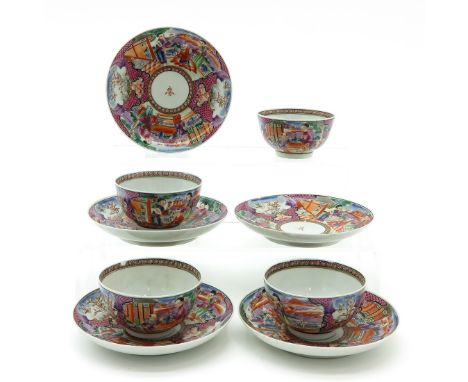 Including 4 cups and 5 saucers, saucers are 12 cm. in diameter, some with chip and hairline.