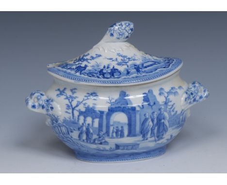 A Spode Caramanian Series oval sauce tureen and cover, transfer printed in tones of blue with Ancient Granary at Cacamo, open