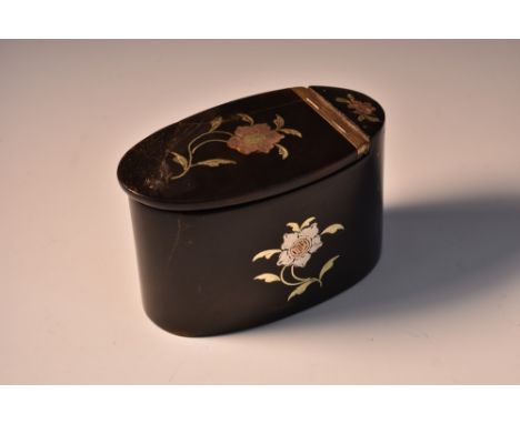 A George III tortoiseshell and piqué oval snuff box, inlaid throughout with sprigs of country flowers in precious metals, hin