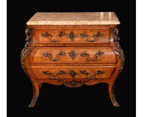 A 19th century French bronze-mounted rosewood and marquetry bombé commode, in the Louis XV taste, marble top above three long