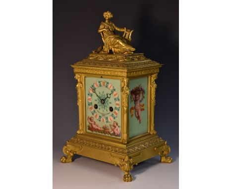 A 19th century ormolu and porcelain  mounted mantel clock, 8cm rectangular dial inscribed Martin Baskett & Martin, Paris, Rom