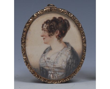 **Burk, 19th century, portrait of a lady, wearing a white dress and shawl, signed, dated 1815, oval, the verso with entwined 